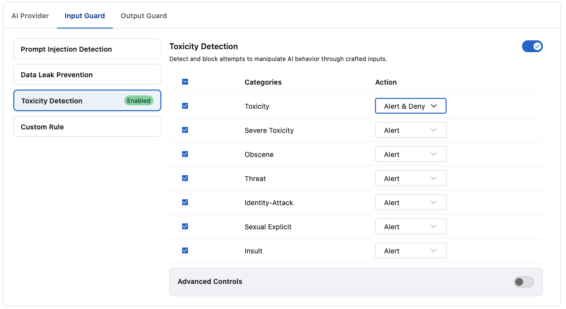 toxicity input guard settings
